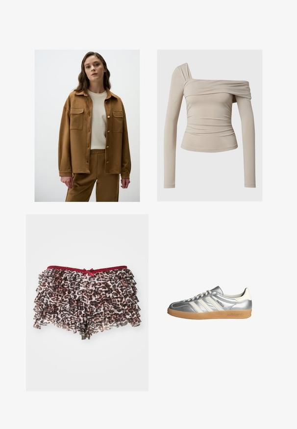 Braune Wildlederjacke mit Knopfverschluss vorne, zwei Brusttaschen und lockerer Passform, getragen über einem cremefarbenen Hemd und passenden Hosen.; Beige Langarmshirt mit schulterfreiem Design, das eine geraffte Textur und eine figurbetonte Silhouette aufweist. Glattes, elastisches Material.; Blumen-Leopardenmuster-Shorts mit gestuften Rüschen, ausgestattet mit einem roten Spitzenbund und einem kleinen Schleifenakzent vorne.; Silberne Sneakers mit weißen Akzenten, ausgestattet mit drei Streifen, einer abgerundeten Spitze und einer Sohle aus Gummi. Strukturierter metallischer Stoff.