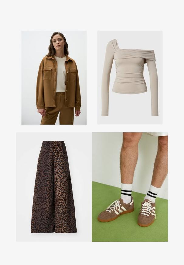Braune Wildlederjacke mit Knopfverschluss vorne, zwei Brusttaschen und lockerer Passform, getragen über einem cremefarbenen Hemd und passenden Hosen.; Beige Langarmshirt mit schulterfreiem Design, das eine geraffte Textur und eine figurbetonte Silhouette aufweist. Glattes, elastisches Material.; Weite Hose aus glattem Stoff, mit braunem Hintergrund und schwarzem Leopardenmuster sowie einem elastischen Bund.; Braune Wildleder-Sneaker mit weißen Akzenten und Schnürsenkeln. Gummisohle in Kautschuk-Optik. Getragen mit weißen Socken, die schwarze Streifen haben. Grüner strukturierter Fußboden.