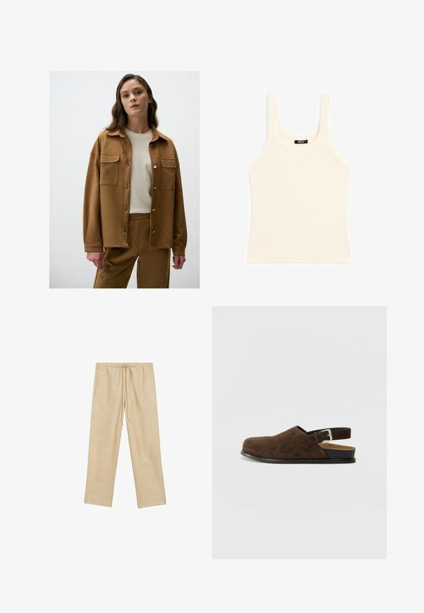 Brown suede jacket with a button-up front, two chest pockets, and a relaxed fit, worn over a cream shirt and matching pants.; Light beige tank top made of ribbed fabric, featuring a round neckline and thick straps, with a fitted shape and minimal detailing.; Light beige, loose-fitting trousers with an elastic waistband and drawstring. Features two side pockets and a smooth texture.; Brown suede slip-on shoe with a low heel, an adjustable strap with a silver buckle, and a black rubber sole.