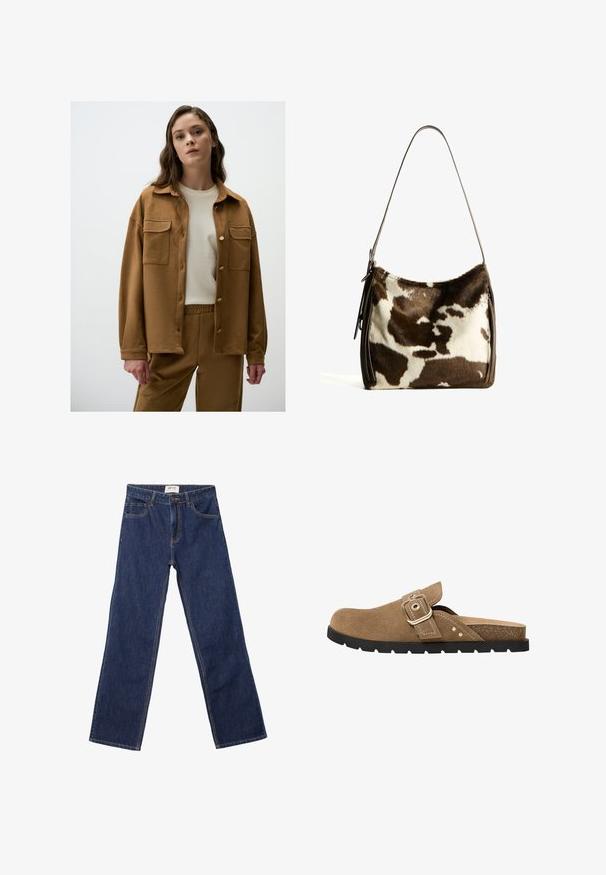 Braune Wildlederjacke mit Knopfverschluss vorne, zwei Brusttaschen und lockerer Passform, getragen über einem cremefarbenen Hemd und passenden Hosen.; Weißes Baumwoll-T-Shirt mit kurzen Ärmeln und rundem Ausschnitt. Einfaches Design, lockere Passform, glatte Textur. Keine Muster oder Verzierungen sichtbar.; Dunkelblaue gerade Jeans mit Fronttaschen, Gürtelschlaufen und einem Knopfverschluss.; Braune Wildleder-Slidesandale mit abgerundetem Zehenbereich, verstellbarem Riemen mit Schnalle und strukturiertem Fußbett. Besitzt eine schwarze Gummisohle mit Rillen.; Braune und cremefarbene Kuhhaut-Umhängetasche mit einem glatten Ledertrageriemen, Reißverschluss und einer weichen, strukturierten Oberfläche mit einem natürlichen Muster.