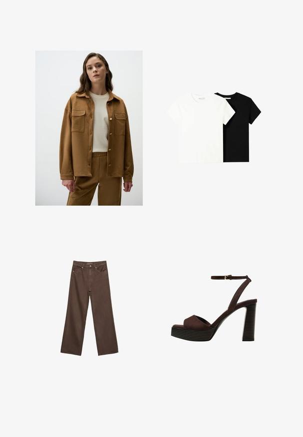 Bruine suède jas met een knoopsluiting aan de voorkant, twee borstzakken en een ontspannen pasvorm, gedragen over een crèmekleurig overhemd en bijpassende broek.; Twee t-shirts met korte mouwen, één wit en één zwart, gemaakt van katoen. Beide hebben een ronde halslijn en een eenvoudig, klassiek ontwerp.; Brede bruine spijkerbroek van denim, met een hoge taille, voorzakken en een klassieke knoopsluiting. Soepele textuur met subtiele stiksels.; Bruine suède high-heeled sandaal met een open teen, verstelbare enkelband en een gestreepte plateauzool.