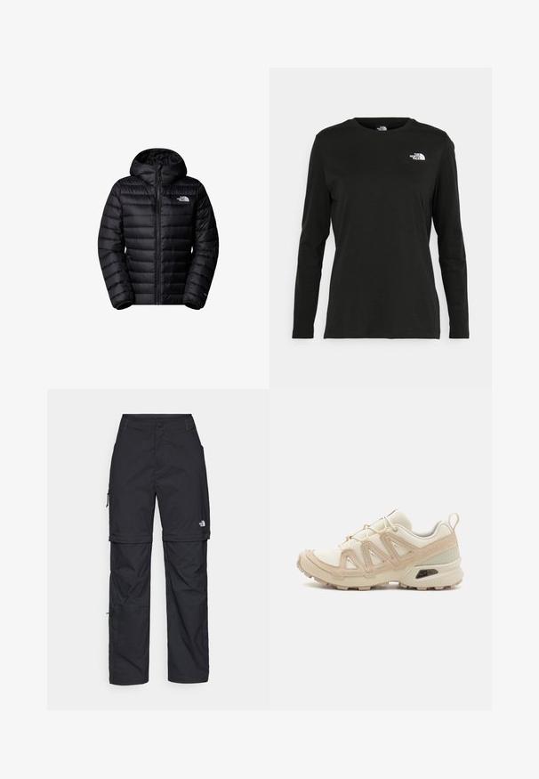 Casaco acolchoado preto com capuz, apresentando um fecho de correr, design matelassé e detalhes com logótipos. Material elegante com punhos canelados.; T-shirt preto de mangas longas, feito de algodão, com decote redondo. Apresenta um pequeno logótipo branco na área esquerda do peito. Design simples e ajuste confortável.; Calças cargo pretas em nylon com fechos de correr removíveis, punhos ajustáveis, múltiplos bolsos e um logótipo na perna direita. Textura suave e leve.; Sapatilha atlética beige e creme com parte superior em malha texturizada, sobreposições de suporte e sola de borracha com um padrão de cravo para tração.