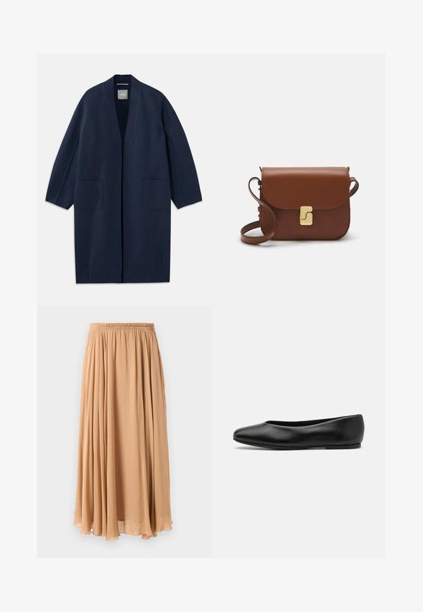 Casaco longo azul marinho com um corte solto, mangas largas, decote em V e dois bolsos frontais. Feito de um tecido liso e texturizado.; Sweater cropped de cor bege claro com gola alta com fecho, apresentando um padrão texturizado e mangas e bainha caneladas. Combina materiais tricotados e tecidos.; Saias maxi em bege claro, feitas de tecido leve. Apresenta um cós elástico franzido e pregas suaves para maior movimento.; Paul Smith TOPANGA - Sabrinas - black; Bolsa de couro castanho com fecho de aba, decoração em tom dourado, alça de ombro e textura suave. Formato retangular compacto.