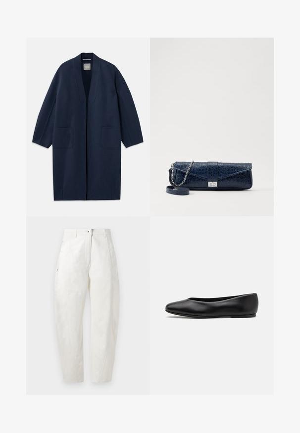 Tummansininen pitkä takki, jossa on vapaa istuvuus, leveät hihat, V-pääntie ja kaksi etutaskua. Valmistettu sileästä, teksturoidusta kankaasta.; Valkoinen pitkähihaiset paita, jossa on nappien kanssa kiinnitettävä kaulus, sileä pinta, suora leikkaus ja piilotettu nappilista. Pehmeää, kevyttä kangasta ilman kuvioita.; Valkoiset puuvillahousut, joissa on rento malli, napilla suljettavat, sivutaskut ja huomaamaton ompelu havaittavissa saumoissa.; Paul Smith TOPANGA - Ballerinat - black; Navy sininen nahkakukkarokotelo, jossa on krokotiilinumero, hopeaketjuolkapanta ja metallilukko. Suorakulmainen muoto taitettavalla designilla.