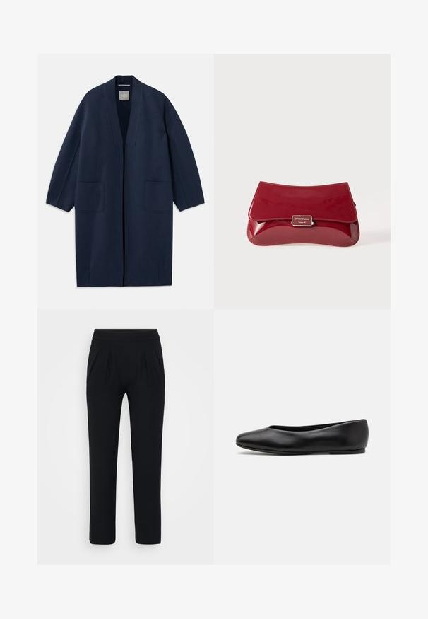 Cappotto lungo blu navy dal taglio morbido, con maniche ampie, scollo a V e due tasche anteriori. Realizzato in un tessuto liscio e strutturato.; Blusa blu in satin a maniche corte con scollatura quadrata e zip sul retro. Texture liscia e vestibilità leggermente ampia.; Pantaloni neri a gamba larga realizzati in tessuto morbido. Presentano una vita elasticizzata e due pieghe frontali. Nessun motivo o accessorio visibile.; Paul Smith TOPANGA - Ballerine - black; Borsa a pochette in pelle verniciata rossa con design curvo, pattina pieghevole e un accento del logo metallico su una placca argentata. Tessuto liscio e lucido.