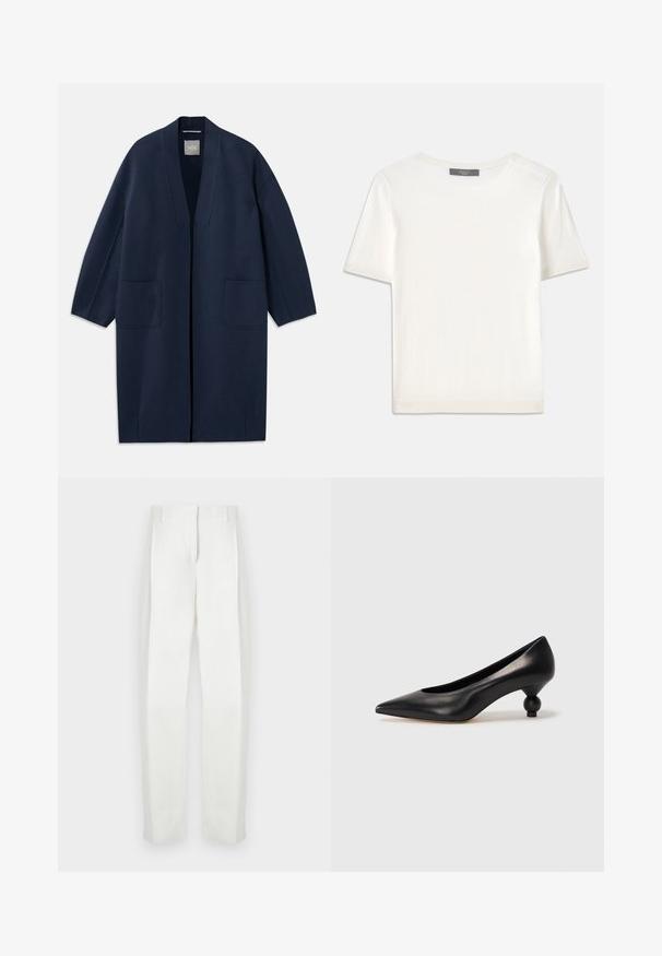Tamsiai mėlynas ilgas paltas su laisvu siluetu, plačiomis rankovėmis, V formos iškirpte ir dviem priekinėmis kišenėmis. Pagamintas iš lygaus, tekstūruoto audinio.; Baltas trumpas rankovėmis megztinis su apvaliu kaklu, pasižymintis lygia tekstūra ir subtiliais raštuotais akcentais rankovėse bei apykaulyje.; Paul Smith Kelnės - white; Juoda odinė aukštakulnė bateliai su smailiu pirštu ir apvaliu, iškiliu kulnu. Lygus paviršius su elegantišku, minimalistiniu dizainu.