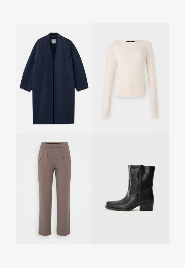 Tumesinine pikk jakk, millel on lahtine lõige, laiad varrukad, V-kaelus ja kaks esikot. Valmistatud siledast, tekstuuriga kangast.; Pikkade varrukatega helesinine topp ümmarguse kaelusega. Valmistatud pehmest kangast, sisaldab keskset õmblust ja kergelt kaardus serva. Ei ole nähtavat riistvara.; Taupe värvi lahtised püksid elastse vöökohtadega ja ees pleated, valmistatud siledast kangast.; Musta nahast pahkluu saabas ümarate varvastega, plokknäppu, külgsepa ja pealsetel õmblusest aktsentidega. Sile tekstuur, klassikaline disain.