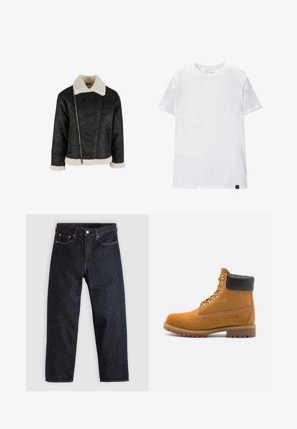 Sort kunstlæderjakke med en cremet kunstpelskrave og -manchetter, med en skrå lynlås og sidelommer. Enkel, cropped design.; Hvid muskeltilpasset t-shirt lavet af bomuld. Rund hals, korte ærmer, glat tekstur. Lille sort logo-tag nederst. Enkelt design.; Mørkeblå denimjeans med lige pasform, fem lommer, kontrasterende orange syning og knaplukning. Ingen synlige mønstre eller udsmykninger.; Tan nubuck ankelstøvle med sort polstret krave, gyldne metaløjer, hvid syning detaljer og robust gummisål med udtalte slidbaner.