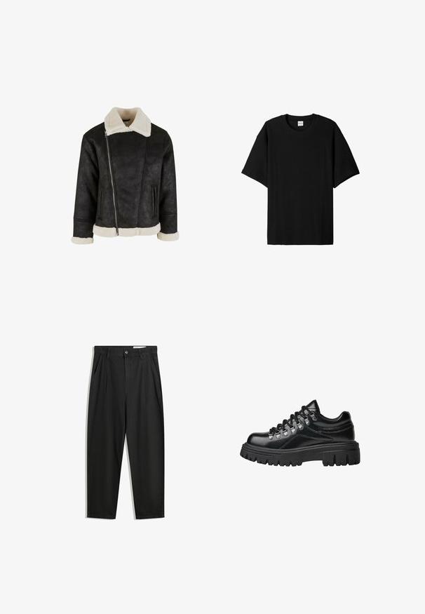 Fekete műbőr dzseki krémszínű, műszőrme gallérral és mandzsettával, ferde cipzárral és oldalzsebekkel. Egyszerű, cropped fazon.; Fekete, bordázott, rövid ujjú póló kerek nyakkal, laza szabással és textúrázott felülettel. Egyszerű dizájn; nincsenek rajta grafikák vagy díszítések.; Fekete pamut nadrág laza szabással, klasszikus derékrésszel, elülső hajtásokkal és oldalsó zsebekkel. Simább textúra minta nélkül.; Fekete, vastag talpú bőr túracipő fém fűzőlyukakkal és vastag fekete cipőfűzőkkel, oldalnézet fehér háttérrel.