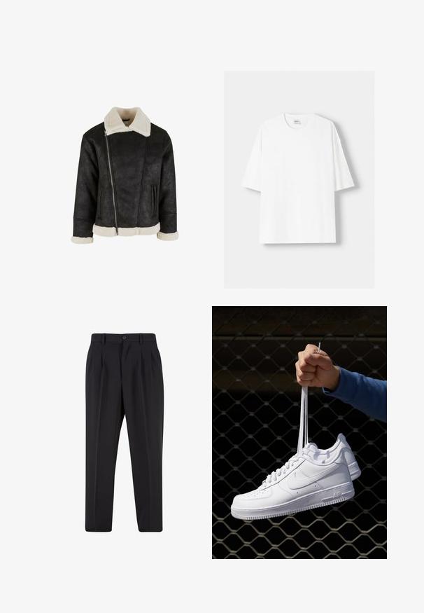 Crna faux kožna jakna s kremastim faux jastučićem na kragni i manžetama, s dijagonalnim patentnim zatvaračem i bočnim džepovima. Jednostavan, skraćeni dizajn.; Bijela kratkodlana majica s kratkim rukavima, izrađena od pamuka, s okruglim izrezom i opuštenim krojem. Gladak materijal, bez vidljivih uzoraka ili akcenta.; Crne hlače s nabranim prednjim dijelom, izrađene od glatkog materijala. Imaju zatvaranje na gumb i petlje za remen; ravne su krojen.; Bijele kožne tenisice s perforacijama, okruglim vrhom, ravnim potplatom i debelim vezicama, s vidljivim swoosh logom i natpisom "AIR" na peti.