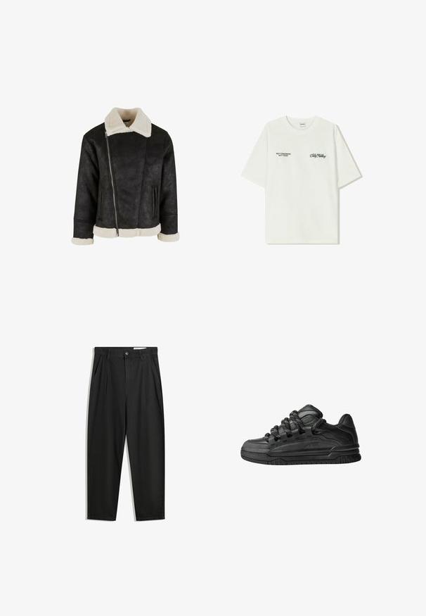 Czarna kurtka z faux skóry z kremowym kołnierzem i mankietami z faux shearlangu, z ukośnym zamkiem błyskawicznym i bocznymi kieszeniami. Prosty, krótszy krój.; Biała bawełniana koszulka z krótkim rękawem. Z przodu znajduje się czarny napis: „NIE JUTRO, NIE DZIŚ” oraz „SZTUKA RUCHU BRUDU” w zielonym skrypcie.; Czarne bawełniane spodnie o luźnym kroju, z klasycznym pasem, przednimi plisy oraz bocznymi kieszeniami. Gładka struktura, bez wzorów.; Czarne sneakersy z gładką skórzaną cholewką, teksturowanymi akcentami i okrągłymi czarno-białymi sznurowadłami. Gruba gumowa podeszwa z wzorzystym bieżnikiem.
