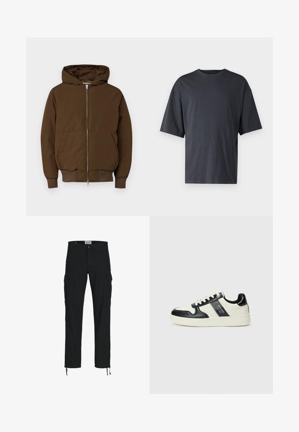 Jack & Jones JCOCOLLECTIVE - Téli dzseki - slate black; Sötét szürke, rövid ujjú póló, könnyű pamutból készült, laza szabással és klasszikus kerek nyakkivágással, sima textúrájú és minták nélküli.; Fekete cargo nadrág egyenes szabással, oldalzsebekkel, gombos zárással és rugalmas húzózsinórral a bokáknál. Tartós anyagból készült.; Fekete és krém színű bőrsneaker, perforált díszítésekkel, párnázott bokapánttal és texturált talppal.