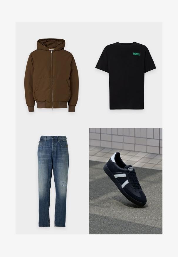 Jack & Jones JCOCOLLECTIVE - Veste d'hiver - slate black; T-shirt noir en coton à manches courtes. Présente un logo "ROOTS" vert sur le devant, un col rond et une coupe standard.; Jeans en denim présentant une couleur bleue délavée, un design à jambe droite, un léger effet usé à l'avant et un style classique à cinq poches.; Sneaker en cuir noir avec des rayures blanches, semelle en caoutchouc texturée et devant à lacets. Présente une étiquette de marque sur la languette.