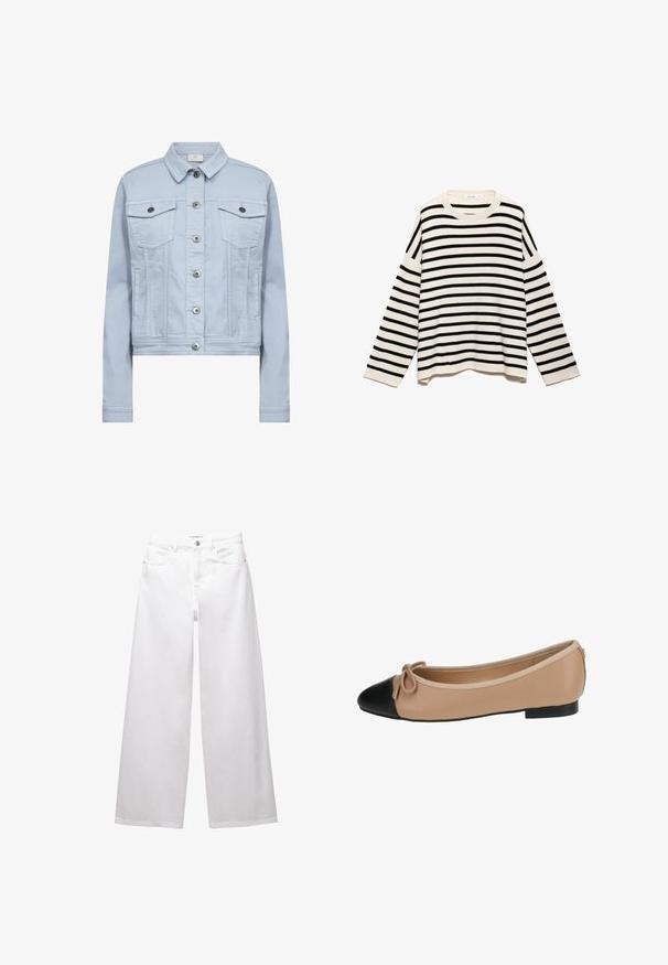 Lys blå denimjakke med krave, to brystlommer og sølvfarvet spænde med knaplukninger. Kropsnær pasform og blød tekstur.; Stripet pullovertrøje med et sort og creme mønster, lavet af tekstureret stof, med lange ærmer og en rund halsudskæring.; Hvide brede ben jeans lavet af denim. Har knaplukning, front- og baglommer samt syede sømme. Glat tekstur med minimal detaljering.; Ballet flade i beige læder med spids sort tå. Har en frontsløjfe detalje og en glat tekstur. Lav profil design med en gummisål.