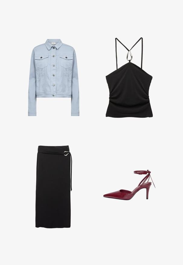 Veste en denim bleu clair avec col, deux poches poitrine et quincaillerie en argent avec fermetures à bouton. Coupe courte et texture douce.; Haut sans manches noir avec un décolleté en V et des bretelles fines, présentant un accent en forme de goutte d'eau argentée au niveau du décolleté et une texture froncée à l'avant.; Jupe noire midi en tissu lisse. Possède un design minimaliste, une ceinture avec un anneau en métal et une taille haute.; Chaussure à talons hauts en cuir bordeaux avec un bout pointu, des côtés ouverts et une bride de cheville. Présente un design épuré et une texture lisse.