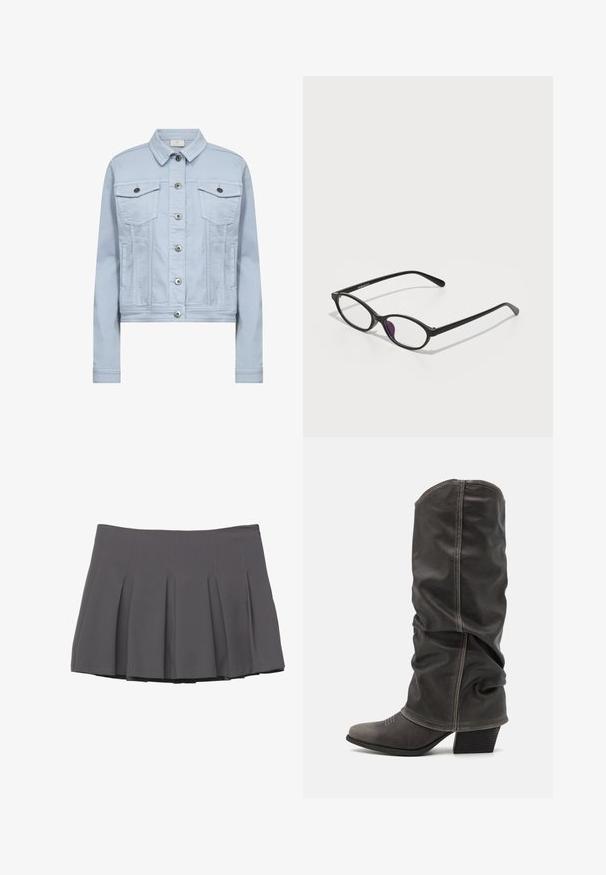 Light blue denim jacket featuring a collared neck, two chest pockets, and silver hardware with button closures. Cropped fit and soft texture.; Black ribbed tank tops, close-fitting design with high neck and sleeveless style. Texture appears stretchy and smooth, featuring a simple silhouette.; Gray pleated skirt with a smooth texture, featuring stitched detailing and a fitted waistband, finishing at mid-thigh length.; Gray leather calf-high boots with a slouchy design, pointed toe, and stacked heel. Notable stitching detail on the toe area.; Black plastic eyeglasses with an oval shape, featuring clear lenses and one purple accent on the left lens. Sleek, minimal design.