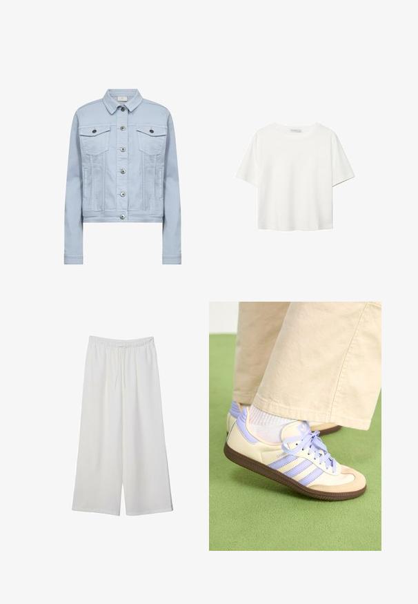 Light blue denim jacket featuring a collared neck, two chest pockets, and silver hardware with button closures. Cropped fit and soft texture.; White short-sleeve t-shirt made of cotton. Features a crew neckline and a relaxed fit. Smooth texture with no visible patterns or accents.; White wide-leg trousers made of lightweight fabric, featuring an elastic waistband and a drawstring for adjustable fit. Smooth texture.; Cream and lavender sneakers with three stripes and a textured brown sole, featuring laces and a padded heel. Soft fabric upper.