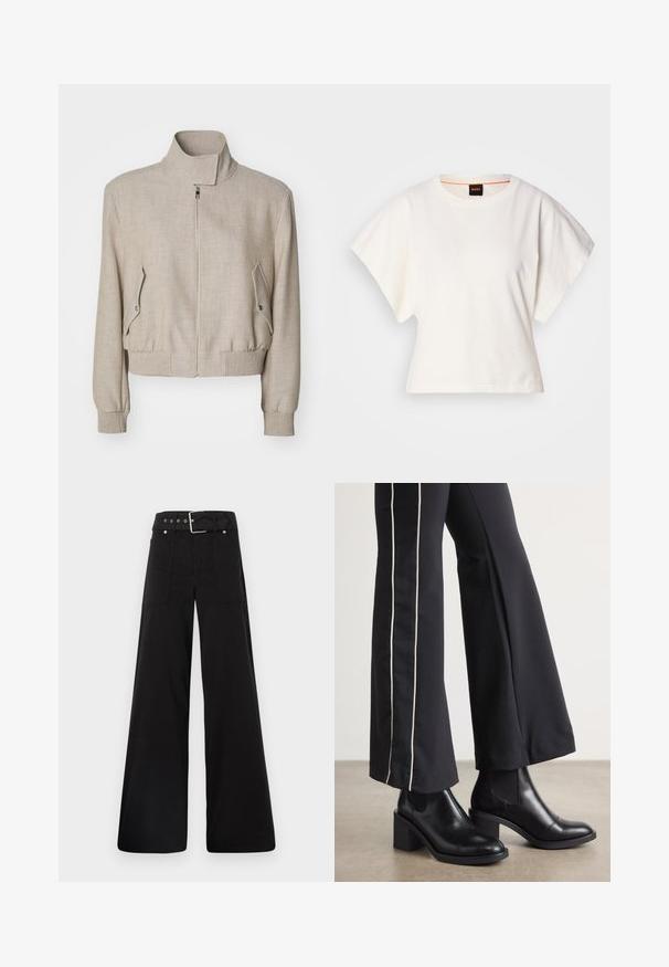 Bež bomber jakk kõrge kraega, tõmbluku sulgemisega, ribatreppidega varsadega ja küljetaskutega, millel on kaldus klapid. Sile tekstuur, juhuslik disain.; Valge lühikeste laiadte varrukatega lühike T-särk, pehme puuvillane materjal, ümar kaelus kergelt oranži ääristusega, minimaalne disain, ilma mustrite ja graafikateta.; Mustad laiad mustad püksid, mis on valmistatud puuvillast, kõrge vöökoha, suurte küljetaskute ja kumerate rihmadega, kus on hõbedased detailid.; Mustad nahast pahklu_bootid, millel on ploki konts ja elastsed külgpaneelid. Kombineeritud mustade pükstega, millel on valge küljeriba.