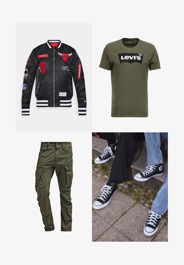 Musta satiinikankainen bomber-takki, jossa on punaiset Chicago Bulls -logot, raidoitettu pääntie ja helma sekä useita brodeerattuja applikaatioita edessä ja hihoissa.; Oliivinvihreä puuvillapaidan t-paita, jossa on suuri musta Levi's-logo edessä. Klassinen pyöreä kaula-aukko ja lyhyet hihat, sileä tekstuuri.; Vihreät kangashousut, jotka on valmistettu kestävästä puuvillasta. Ominaisuuksiin kuuluvat useat taskut, vetoketjulla varustettu sivutasku sekä kapenevat lahkeet, joissa on hieman teksturoitu pinta.; Mustat korkeat kangaslenkkarit, joissa on valkoiset kumipohjat ja nauhat, sivussa on pyöreä logo, ja ne on yhdistetty farkkuihin ja mustiin housuihin.