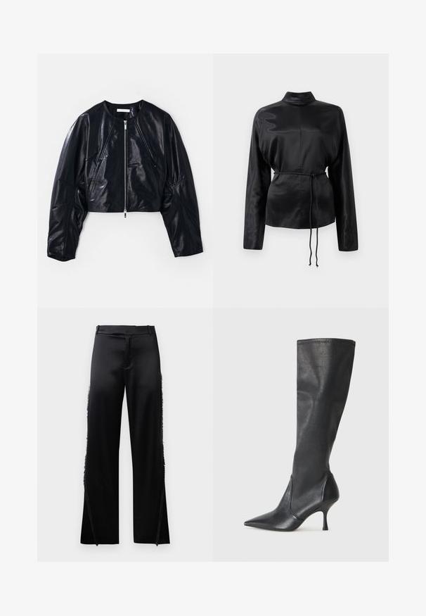 Afgekorte zwarte leren jas met een ronde halslijn en rits aan de voorkant. Bevat gestructureerde schouders en een gladde textuur met minimale accenten.; Zwarte satijnen blouse met lange mouwen en een hoge kraag, cinched taille en verstelbaar koorddetail. Glad textuur met een slanke afwerking.; Zwarte satijnen broek met brede pijpen, voorzien van franjes langs de zijnaden en een platte tailleband aan de voorkant. Eenvoudige achterkant zonder zakken.; Kniehoge zwarte leren laarzen met een spitse neus en een slanke stilettohak. Glad textuur met een aansluitend ontwerp en stiksels aan de bovenrand.