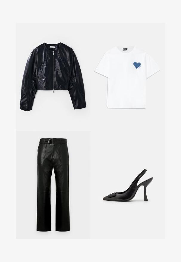 Cropped black leather jacket with a round neckline and zip front. Features structured shoulders and smooth texture with minimal accents.; White cotton t-shirt with short sleeves and a round neckline. Features a blue denim heart patch on the left chest with text below.; High-waist black leather pants with wide legs, large front patch pockets, and a matching belt with double-ring buckle.; Black leather slingback shoe with a pointed toe, slim high heel, and a decorative bow accent. Smooth texture and sleek design.