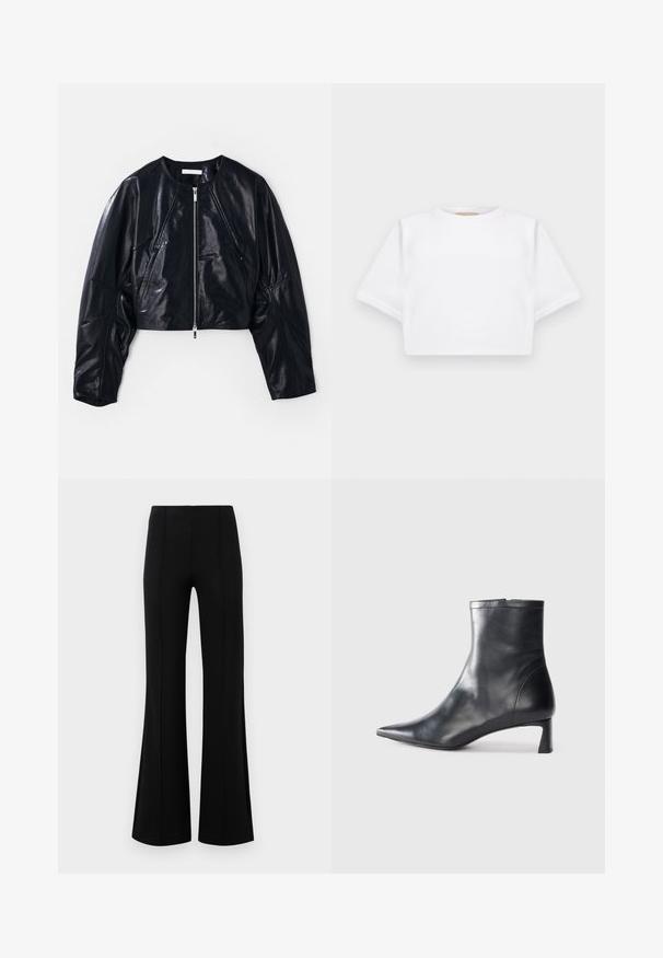 Veste en cuir noir coupée avec un col rond et une fermeture éclair sur le devant. Présente des épaules structurées et une texture lisse avec des accents minimalistes.; T-shirt blanc court en tissu doux, avec des manches courtes, un col rond et des détails en côtes sur l'ourlet. Design simple et sans embellissement.; Pantalons évasés noirs avec une taille haute, fabriqués en tissu extensible. Présente des détails de couture verticaux sur le devant et une texture lisse.; Bottine en cuir noir avec un bout pointu et un design épuré. Présente un petit talon et une fermeture éclair à l'arrière. Texture lisse.