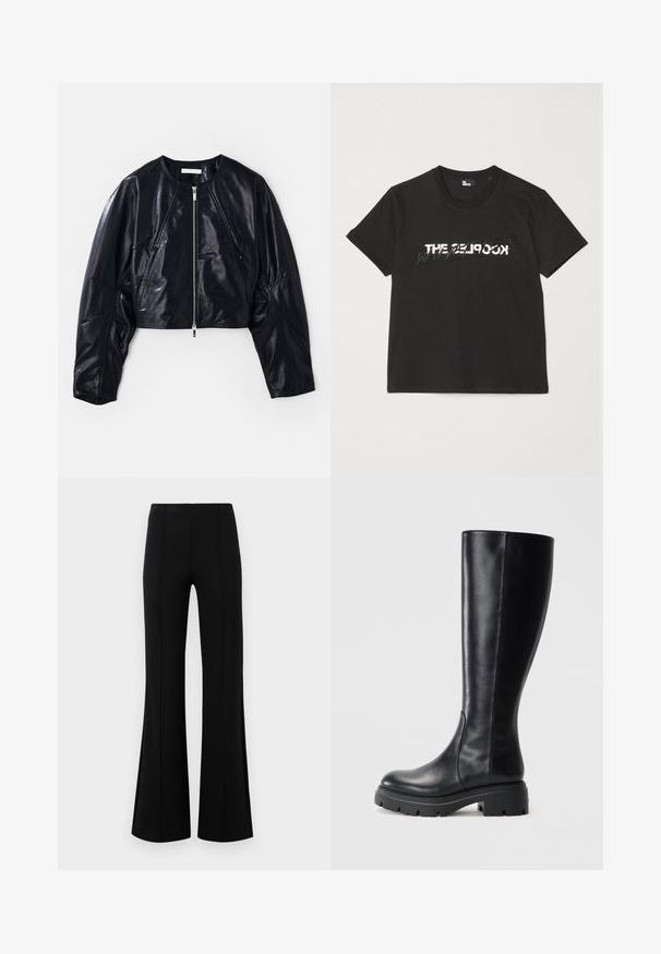 Zkrátená čierna kožená bunda s okrúhlym výstrihom a zipsom vpredu. Má štruktúrované ramená a hladkú textúru s minimálnymi akcentami.; Čierne bavlnené tričko s krátkymi rukávmi, na prednej strane so potlačou bieleho a šedého dizajnu "THE 2LOOK". Klasický okrúhly výstrih.; Čierne rozšírené nohavice s vysokým pásom, vyrobené z elastického materiálu. Obsahujú vertikálne švy na prednej strane a hladkú textúru.; Čierne čižmy po kolená vyrobené z hladkej kože, s okrúhlou špicou a robustnou gumovou podrážkou so vzorom na behúni pre lepšiu trakciu.