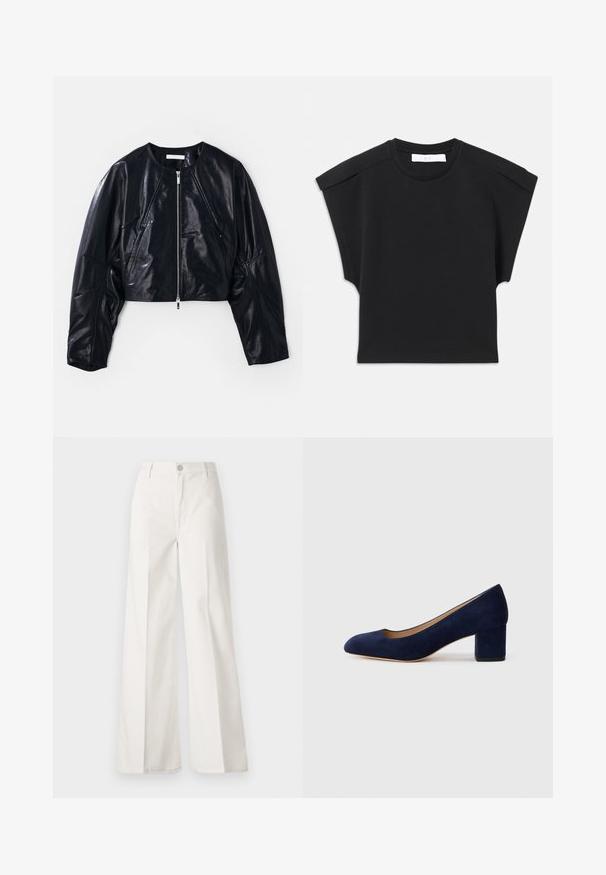 Afgekorte zwarte leren jas met een ronde halslijn en rits aan de voorkant. Bevat gestructureerde schouders en een gladde textuur met minimale accenten.; Zwarte korte mouw top met een ronde halslijn en schouderdetails, plat gelegd op een witte achtergrond.; Witte wijde-broek gemaakt van katoen met een gladde textuur. Voorzien van een knoop aan de voorkant, ritsopening en vierzakkenontwerp.; Navy blauwe suède pump met een spitse neus en een blokhak van gemiddelde hoogte. Glad oppervlak met een subtiele glans en een kleine uitsparing aan de voorkant.