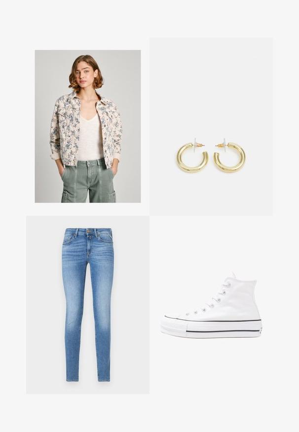 Bloemmotief spijkerjack in crème en marineblauw, met knoopsluiting, twee borstzakken en opgerolde mouwen. Gemaakt over een lichte top.; Bordeaux corduroy overhemd met een klassieke kraag, knoopsluiting aan de voorkant en driekwartmouwen; heeft een peplumzoom en een gestructureerde stof.; Slim-fit lichtblauwe spijkerbroeken met een middelhoge taille, vooraan met knoopsluiting en een vijf-pocket ontwerp.; Witte high-top canvas sneakers met een zwarte rubberen zool, een rubberen neuskap aan de voorkant en zes gaatjes voor veters, met een schone, minimalistische uitstraling.; Gouden creolen met een gladde, glanzende afwerking. Circulaire vormgeving met een kleine post en een doorzichtige achterkant voor een veilige draagervaring.
