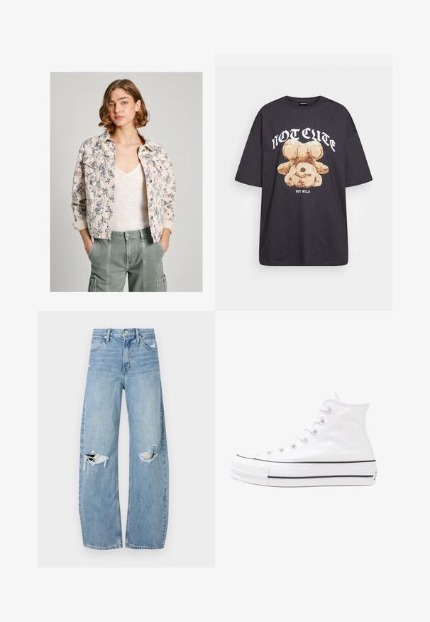 Kerman denim takki, jossa on kukkakuosi vaaleassa ja tummansinisessä, napitus edessä, kaksi rintataskua ja käärityt hihat. Päällä vaalea paita.; Mustat ylisuurent-paidat, joissa on karhun grafiikka ja teksti "EI SULOINEN VAAN VILLI" rohkealla valkoisella fontilla. Puuvillamateriaali.; Vaaleansiniset, korkeavyötäröiset farkut, jotka on valmistettu denimmateriaalista. Ominaisuuksiin kuuluvat leveät lahkeet, kaksi revittyä polvialuetta ja klassinen viiden taskun tyyli.; Valkoiset korkeavartiset kangaskengät mustalla kumipohjalla, edessä kuminen varvasosa ja kuusi nauha-aukkoa, puhtaan minimalistisella muotoilulla.