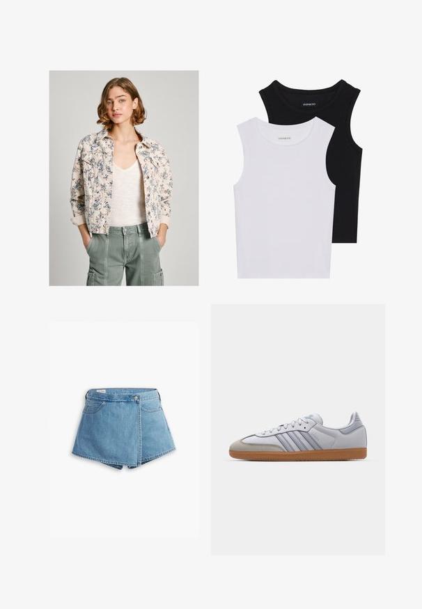 Jaqueta de denim com padrão floral em creme e azul escuro, apresentando fecho de botões, dois bolsos no peito e mangas enroladas. Usada sobre uma blusa clara.; Duas blusas sem mangas em preto e branco, feitas de algodão canelado, com decotes redondos e um design ajustado. Etiquetas visíveis em ambas.; Bermuda de ganga em azul claro, com um design envolvente, bolsos frontais e fecho com botão metálico. Textura suave com bordas cosidas.; Sapatilhas brancas em couro com detalhes em azul claro, biqueira em camurça cinza e sola em borracha castanha. Apresenta três riscas azuis e a marca "Samba".