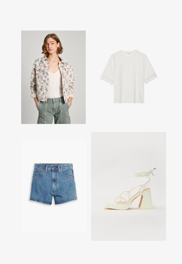Džínová bunda s kvetinovým vzorom v krémovej a námornej farbe, so zapínaním na gombíky, dvojicou vreciek na hrudi a rolovanými rukávmi. Nosená cez svetlú blúzku.; Biele tričko s krátkym rukávom vyrobené z bavlny, s dekoratívnym čipkovým lemovaním pozdĺž rukávov a okrúhlym výstrihom.; Džínové šortky v svetlo modrej farbe, s piatimi vreckami, zipsom a zapínaním na gombík. Spodný lem je rozstrapkaný s voľným strihom.; Biele sandále na vysokom opätku s hrubým podpätkom, s pruhovaným dizajnom a viazaním na členku. Hladký povrch s platformou vpredu pre zvýšenú výšku.