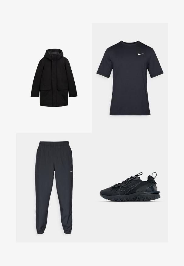 Crna parkas jakna s kapuljačom, s gumbićima sprijeda, dvije prednje džepove i glatku, mat teksturu. Jednostavan, ravno krojen dizajn.; Crna kratka majica s kratkim rukavima marke Nike, izrađena od glatkog materijala, s bijelim swoosh logom na gornjoj lijevoj strani, okrugli izrez.; Crne trenirke od laganog materijala s elastičnom trakom u struku, manžetama na gležnjevima i diskretnim Nike logom s lijeve strane.; Crne atletske cipele s prozračnom mrežastom gornjom djelom, teksturiranim detaljima i valovitom gumenom potplatom. Sadrži reflektirajući logo i sistem vezanja.