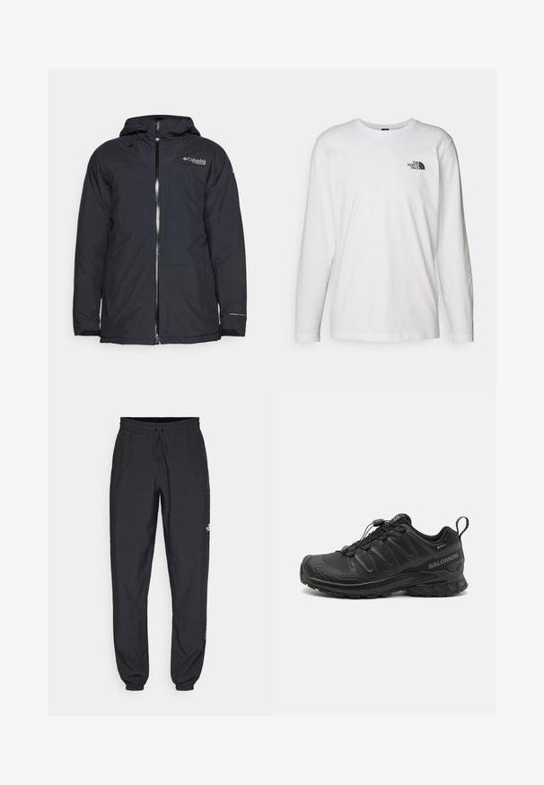 Schwarze wasserdichte Jacke mit einem Reißverschluss vorne, verstellbarem Kapuze und Logo-Detail auf der Brust. Hergestellt aus leichtem, atmungsaktivem Material.; Weißes langärmliges T-Shirt aus Baumwolle mit Rundhalsausschnitt. Verfügt über ein kleines schwarzes Logo auf der Brust. Glatte Textur, reguläre Passform.; Schwarze Sporthosen aus leichtem Stoff, mit einem Kordelzugbund, seitlichen Taschen und schmal zulaufenden Bündchen an den Knöcheln.; Schwarzer Sportschuh mit einer strukturierten, synthetischen Oberseite, gepolsterten Sohle und einem schnellen Schnürsystem. Verfügt über eine verstärkte Zehen- und Fersenkappe.
