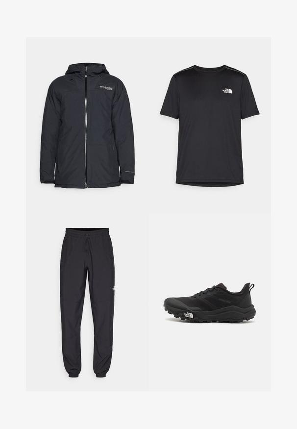 Must karvane, veekindel jakk, millel on lukuga eesmine tõmblukk, reguleeritav kapuuts ja logo detail rinnal. Valmistatud kergest ja hingavast materjalist.; Must mustaöödiga must T-särk, mis on valmistatud kerge riidekanga. Esiküljel on vasakul rinnal väike valge logo ning õlgadel on peened aktsendid.; Mustavad sportlikud püksid, mis on valmistatud kergest kangast, joonlauaga taljest, küljetaskudega ja kitsenevate varrukatega pahkluude juures.; Must tume jooksujalats musta värvi, tekstuurse ülemise osaga, kummist tallaga ja tugevdatud varbaga. Omab pehmendusega krae ja tõmblinti mugavaks selga panemiseks.