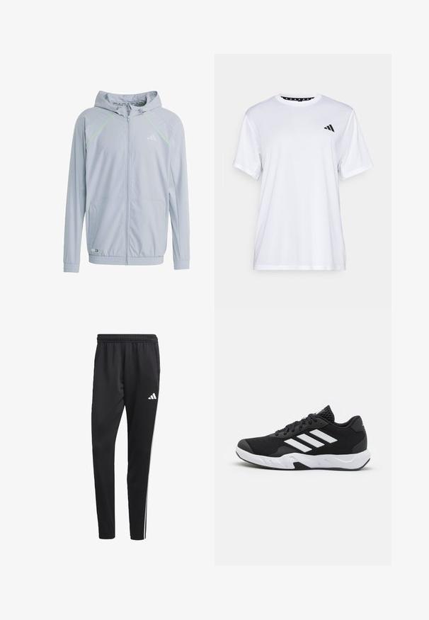 Lys grå zip-up jakke med hætte, der har neongrønne accenter, mesh teksturpaneler og elastiske manchetter og kant.; Hvid sports t-shirt med korte ærmer, lavet af fugttransporterende stof. Har et sort logo på venstre bryst og en mønstret indvendig halsudskæring.; Sorte træningsbukser med en strækbar talje, hvide sidelameller og et lille hvidt logo på låret. Fremstillet af et glat, let materiale.; Sorte atletiksko med en tekstureret mesh-overdel, hvide accentstriber, en polstret sål og en forstærket hæl for støtte.