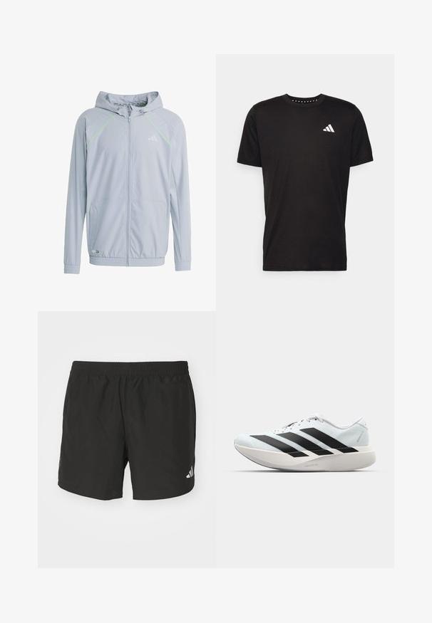 Lichtgrijze zip-up jas met capuchon, voorzien van neon groene accentlijnen, mesh textuurpanelen en elastische manchetten en onderrand.; Zwarte katoenen t-shirt met korte mouwen, ronde hals en een wit logo op de linkerkant van de borst. Gladde textuur en eenvoudig ontwerp.; Zwarte sportieve shorts met een elastische tailleband, zijsplits en reflecterende logo-accenten. Gemaakt van lichte, gladde stof.; Lichte hardloopschoenen in lichtblauw met zwarte strepen. Beschikt over een soepele bovenkant, ronde neusstuk en dikke witte tussenzool met het label "LIGHTSTRIKE PRO."