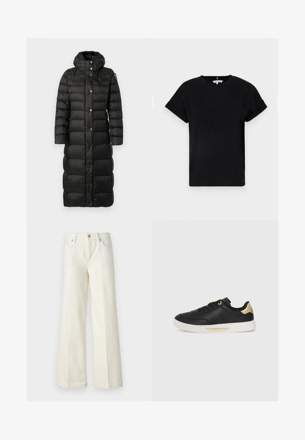 Pikk must puffer-sviiter, millel on kapuuts, horisontaalsete õmbluspaneelidega, nööbid ja väike brändimärk rinnal. Sile tekstuur.; Mustmust särk, millel on rullitud lühikesed varrukad, keskosas on embosseeritud logo ja küljel väike lipu aktsent.; Laiad valged teksad, mis on valmistatud puuvilla segust. Omavad lukuga eesmist sulgemist, viie taskuga disaini ning õmblusi pükste saemetes.; Must have nahkapäkk, millel on sile tekstuur, valge kummitald, kuldsed aktsendid kanna ja silmade ümber, külgedel logo.