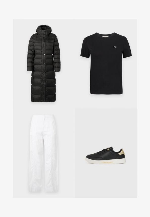 Dlhý čierny páperový kabát s kapucňou, s horizontálne prešívanými panelmi, patentkami a malou značkovou visačkou na hrudi. Hladká textura.; Čierne bavlnené tričko s klasickým okrúhlym výstrihom, krátkymi rukávmi a malým bielym vyšívaným logom "ck" na hrudi.; Biele široké nohavice z ľahkej látky, s hladkou textúrou, čistými líniami a vysokým pásom.; Čierne kožené tenisky s hladkou textúrou, bielou gumovou podrážkou, zlatými akcentmi na päte a šnúrkach, s logom na boku.