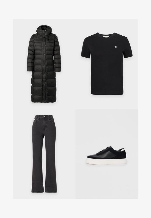 Mantou lung, negru, tip puffer, cu glugă, cu panouri qiltate orizontale, nasturi cu cap și o etichetă mică a brandului pe piept. Textură netedă.; tricou negru din bumbac, cu guler clasic rotund, mâneci scurte și un mic logo alb brodat "ck" pe piept.; Jeans negre cu talie înaltă, evazate, din denim, cu închidere prin buton, bucle pentru curea și buzunare laterale. Textură netedă, cu decolorare minimă.; Sneaker negru cu piele netedă și panouri din întăritură, șireturi plate, vârf rotund și talpă din cauciuc alb. Logo distinct pe călcâi.