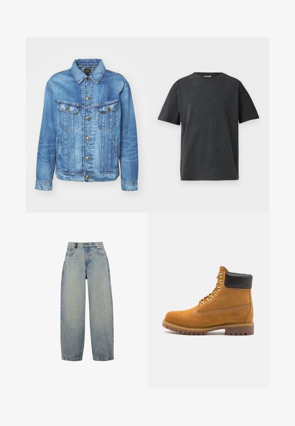Jachetă din denim bleu deschis, cu design clasic, cu închidere cu nasturi, două buzunare la piept și guler clasic. Textură moale, stil casual.; Tricou din bumbac negru, cu guler rotund și mâneci scurte. Prezintă un finisaj ușor texturat și un detaliu minimalist cu logo pe față.; Blugi din denim de culoare albastru deschis, cu un croi lejer, având talie înaltă, picioare largi, design clasic cu cinci buzunare și accesorii din metal.; Cizmă de gleznă din întoarsă de culoare bej, cu guler negru căptușit, ochiuri din metal auriu, detalii de cusătură albă și talpă din cauciuc robustă, cu un model pronunțat.