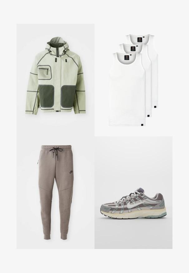 Hele roheline jakk tumeroheliste aktsentidega, lukustatav võrkpocket, veekindel materjal, kõrge kaelus ja iseloomulik õmbluse detail.; Kolm valget ribaga t-särki, mis on valmistatud puuvillast. Omavad ümmargust kaelanõhku ja väikseid musti silte hemme lähedal. Saadaval erinevates suurustes.; Hallide Nike dressipüksid, millel on nööriga vöökoht, kitsenevad sääred, küljetaskud ja eristuv õmbluse detail. Pehme, tekstureeritud kangas.; Hallus hallitus jalanõud, millel on võrgust ja sametist ülemine osa, valged rõhutused, pehme tald ning eristuv disain peegelduvate elementidega.