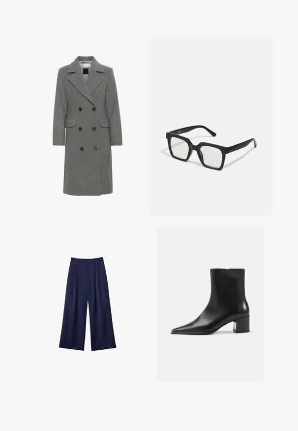Sivý vlneno-bavlnený dvojradový kabát s krčným golierom, dvoma prednými vreckami a čiernymi gombíkmi. Hladká textúra s definovanou siluetou.; Biela košeľa s gombíkmi vyrobená z bavlny, ktorá má náprsné vrecko a malé vyšívané logo. Voľný strih s klasickým golierom a dlhými rukávmi.; Námornícky modré široké nohavice s pukmi, zapínaním na gombík a pútkami na opasok, zobrazené ležiace na bielom pozadí.; Čierne kožené členkové topánky s špicatou špičkou, hladkou textúrou a stredným blokovým podpätkom. Minimalistický dizajn, zips na zadnej strane.; Čierne slnečné okuliare s matným povrchom, so priehľadnými šošovkami a jemným modrým odtieňom na jednej strane. Robustný, uhlový dizajn.; Čierna kožená hobo taška s mäkkým, zakriveným tvarom. Má široké vrchné uško a nariasenie na spodnej časti, čo vytvára voľný vzhľad.