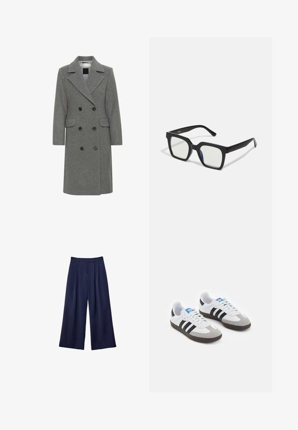 Grå ullblandad dubbelknäppt kappa med spetsig krage, två framfickor och svarta knappar. Slät textur med en strukturerad silhuett.; Svart bomullstyg med slät textur och rund halsringning, med ett subtilt, jämnt kornmönster. Inga synliga logotyper eller dekorationer.; Marinblå vida byxor med veck, knappad midja och bälteshällor, visade liggande på en vit bakgrund.; Sportskor med överdel i vit läder, grå mocka på tårna och tre svarta ränder. Har en blå logotyp på tungan och en texturerad gummisula.; Svarta solglasögon med matt finish, med transparenta linser och en lätt blå nyans på ena sidan. Robust, vinklad design.
