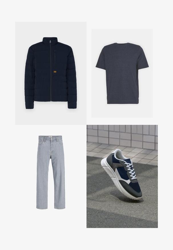 Tumesinine kerge puffjakkk, millel on kõrge krae, lukuga esikülg ja horisontaalne tikitud disain; sisaldab rinna-taskut ja logot.; Tumed sinine ümar kaelusega T-särk, mis on valmistatud pehmest puuvilla segamisel põhinevast kangast, lühikeste varrukatega ja tavalise lõikega. Ilma nähtavate mustrite või aktsentideta.; Heledad sinine teksapüksid, millel on mugav lõige, sirged sääred, nähtavad õmblused, kaks eesmist taskut ja nööbkinnisega sulgemine.; Sneaker, mille sinine võrkkangas, hallid nubukdetailid, valge kummitald ja lamedad valged paelad, disainitud mugavuseks ja hingavuseks.