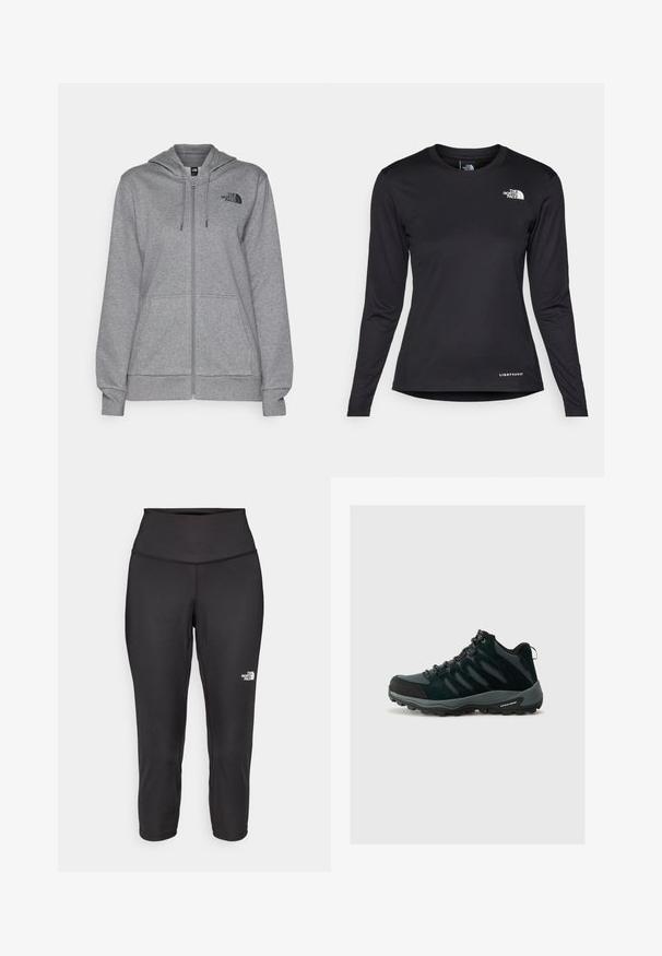 The North Face SIMPLE DOME FULL ZIP HOODIE - Užtrauktuku užsegamas treningas - medium grey heather; The North Face SHADOW LONG SLEEVE - Ilgarankovis viršutinės dalies drabužis - black; Juodos capri tipo leggingai, pagaminti iš tamprios medžiagos, su aukštu juosmeniu ir mažu baltu logotipu kairėje pusėje. Lygi tekstūra.; Columbia REDMOND - Turistiniai batai - black/citron haze