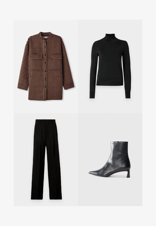 Brązowa i czarna kurtka koszulowa w wzór houndstooth z kołnierzem mandaryńskim, zapięciem na guziki z przodu oraz dwiema kieszeniami na piersiach.; Czarny sweter z długim rękawem i stojącym kołnierzem, z prążkowanymi mankietami i dołem, zaprezentowany na białym tle.; Czarne spodnie typu wide-leg wykonane z gładkiego materiału, z wysokim stanem, plisami z przodu i czystym, dopasowanym krojem bez ozdób.; Czarne skórzane botki sięgające kostki z ostrym noskiem i eleganckim designem. Posiadają niski obcas oraz zamek błyskawiczny z tyłu. Gładka faktura.