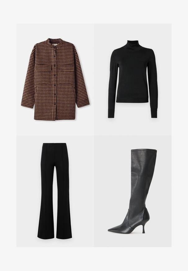 Jachetă din cămașă cu model houndstooth maro și negru, cu guler mandarin, închidere frontală cu butoane și două buzunare la piept.; Pulover negru cu mânecă lungă și guler tip colier, cu manșete și tiv cu elastic, expus pe un fundal alb simplu.; Pantaloni negri evazați, cu talie înaltă, fabricați dintr-un material elastic. Prezintă detalii cu cusături verticale în față și o textură netedă.; Botine din piele neagră, până la genunchi, cu vârf ascuțit și toc subțire stiletto. Textură netedă, cu un design ajustat și cusături la marginea superioară.