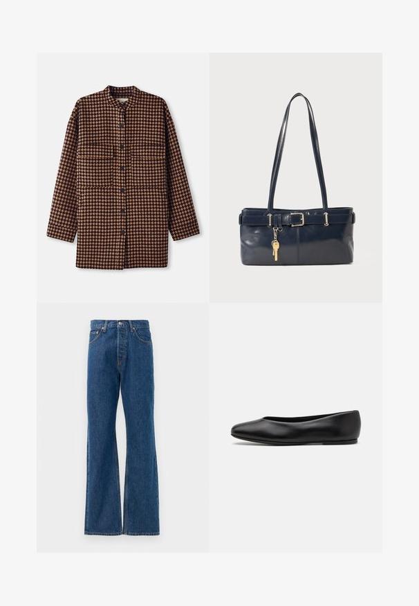 Ruskea ja musta houndstooth-kuvioinen kehysjakku, jossa on mandariinikaulus, etupainonappikiinnitys ja kaksi rintataskua.; Välttämätön raitapaita, jossa on valkoinen pohja ja kapeita monivärisiä viivoja sinisessä, oranssissa ja vihreässä. Pitkät hihat ja klassinen kaulus.; Siniset farkkujen leveälahkeiset housut, joissa on korkea vyötärö, viisi taskua, hopeinen napitus ja näkyvät tikkauskoristeet.; Paul Smith TOPANGA - Ballerinat - black; La handbagin sininen nahka, jossa on kaksi pitkää kahvaa, Buckle-yksityiskohta ja avaimenperä kiinnitettynä. Sen pinta on sileä ja muoto on suorakulmainen.