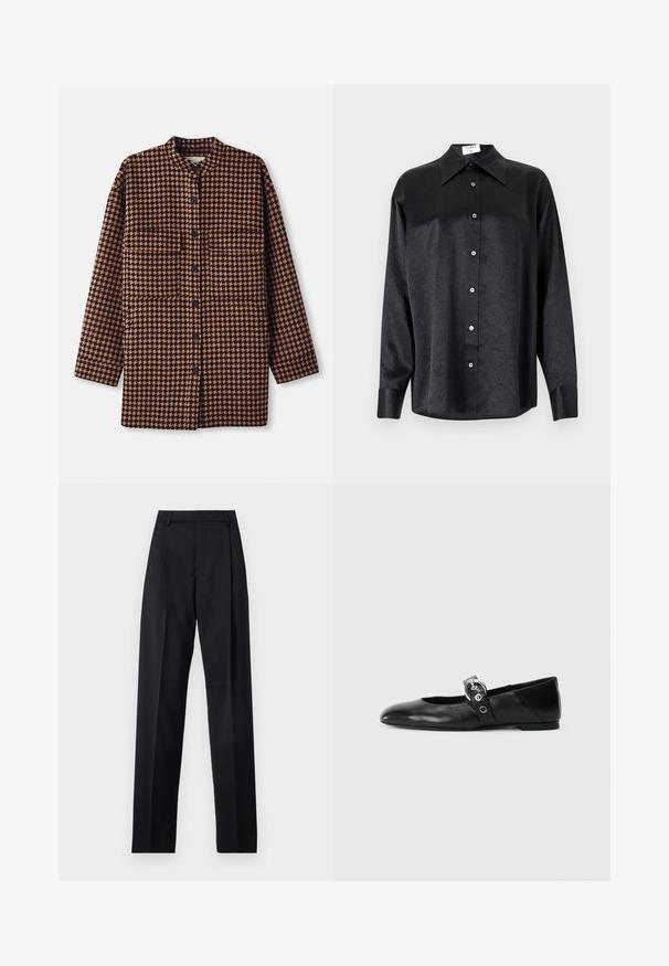 Rudas ir juodas šuo dantytas raštas marškinėlių švarkas su mandarinų tipo apykakle, priekyje su mygtukų uždarymu ir dviem krūtinės kišenėmis.; Juodas ilgarankovis marškinis su apykakle, turintis plėšyta tekstūra, visiško mygtukų uždarymo priekyje ir rankogaliais. Pagamintas iš lygaus audinio.; Juodos kelnės iš lygaus audinio, pasižyminčios aukštu liemeniu, plačiomis kojomis, priekinėmis klostėmis ir klasikiais diržo kilpomis. Šoninių kišenių nematyti.; Juodų odinių baletinių batelių su smailiu nosiu, su užrišamu dirželiu su apvalia metaline sagtimi ir plokščiu padu.